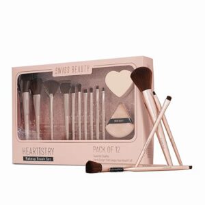 Swiss Beauty Heartistry Makeup Brush Set | 12 Pieces | For Face, Eyes & Lips | Soft Synthetic Bristles | Multi-Functional | Flawless Blending | PETA Certified | 12 Pcs